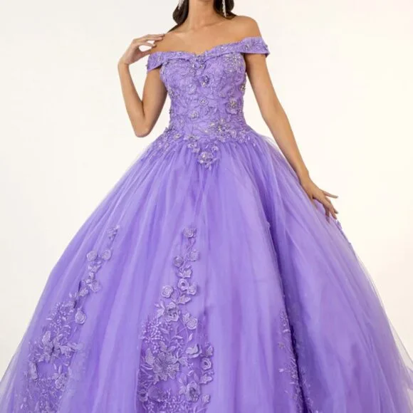 NEW LONG MESH OFF SHOULDER SLEEVELESS EMBROIDERED DRESS WITH LACED BACK GL2802 - Picture 7 of 7